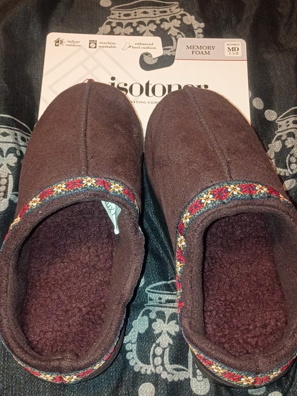 Isotoner Memory Foam Brown Slip-On Slippers with Embroidered Trim